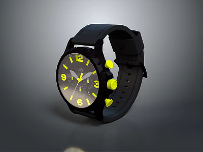 Modern Black Strap Watch With Yellow Accents And Sporty Dial Design 3d model
