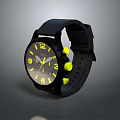 Modern Black Strap Watch With Yellow Accents And Sporty Dial Design