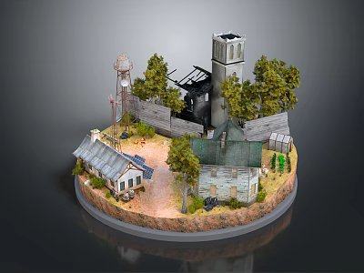 Cartoon Scene With Water Tower Trees Old Tower Small Houses Fence And Circular Base 3d model