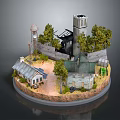 Cartoon Scene With Water Tower Trees Old Tower Small Houses Fence And Circular Base