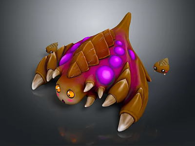 3D Fantasy Creature Model With Brown Carapace Purple Glowing Spots Orange Eyes And Small Larva 3d model