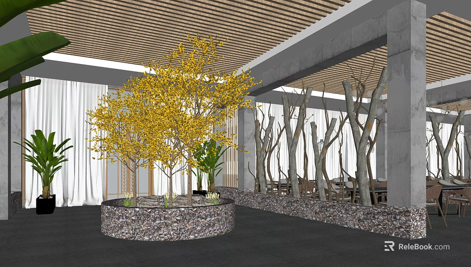 Modern Restaurant Interior With Wooden Ceiling Yellow Tree Gray Trunks White Curtains And Dining Area 3d model 
