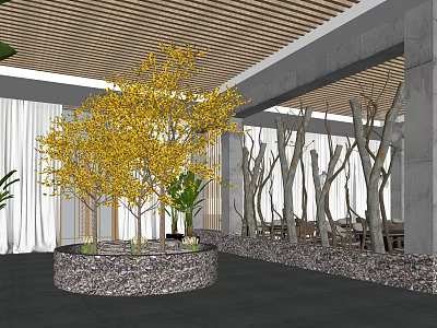 Modern Restaurant Interior With Wooden Ceiling Yellow Tree Gray Trunks White Curtains And Dining Area 3d model