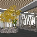 Modern Restaurant Interior With Wooden Ceiling Yellow Tree Gray Trunks White Curtains And Dining Area