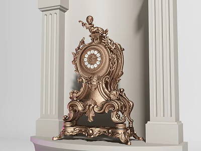 Golden Ornate Mantel Clock With Angel Figure Intricate Carvings And White Columns 3d model