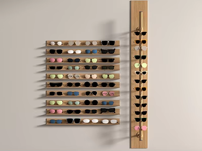 Wooden Storage Rack For Home Living Supplies With Neatly Arranged Various Colored Eyeglasses And Sunglasses 3d model