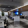 Modern Public Office Space with Open Layout Workstations Computers Greenery and Floor to Ceiling Windows 3d model
