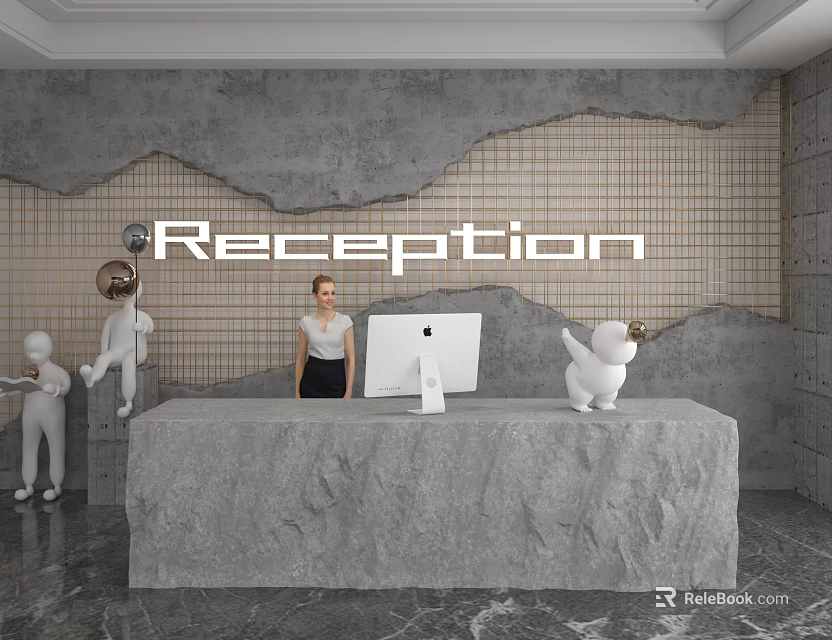 Shop Reception Counter With Marble Top Staff Computer And Decorative Sculptures 3d model 