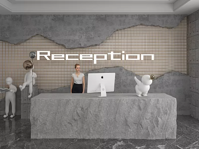Shop Reception Counter With Marble Top Staff Computer And Decorative Sculptures 3d model