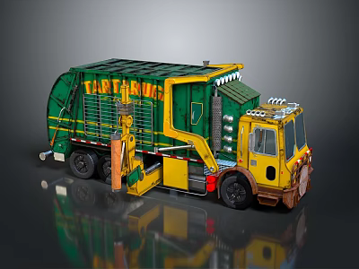 Green And Yellow Garbage Truck With Mechanical Arm And GARBAGE Lettering For Waste Collection 3d model