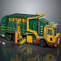 Green And Yellow Garbage Truck With Mechanical Arm And GARBAGE Lettering For Waste Collection