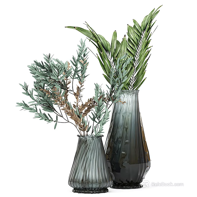 Stylish Glass Vases With Green Leafy Branches And Textured Patterns 3d model