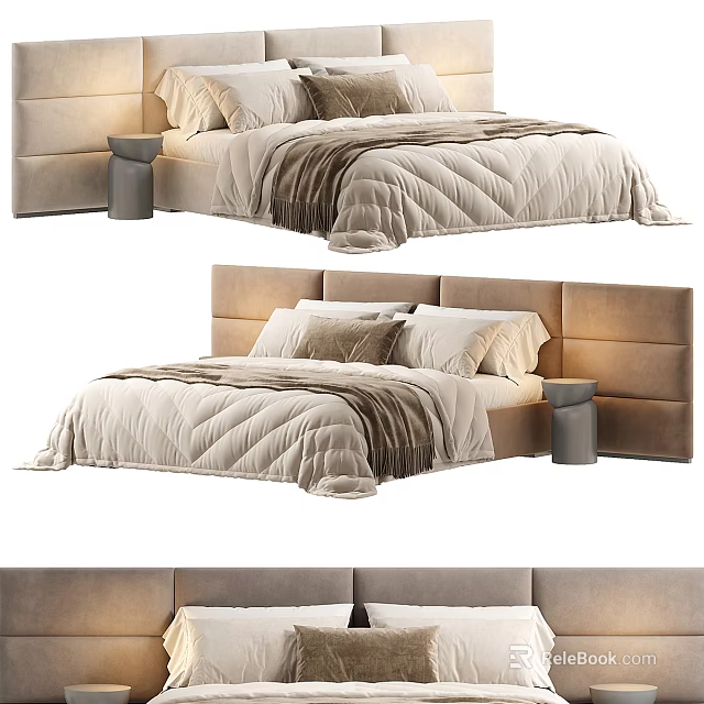 Modern Double Bed With Upholstered Headboard Soft Quilt Pillows And Side Table 3d model 