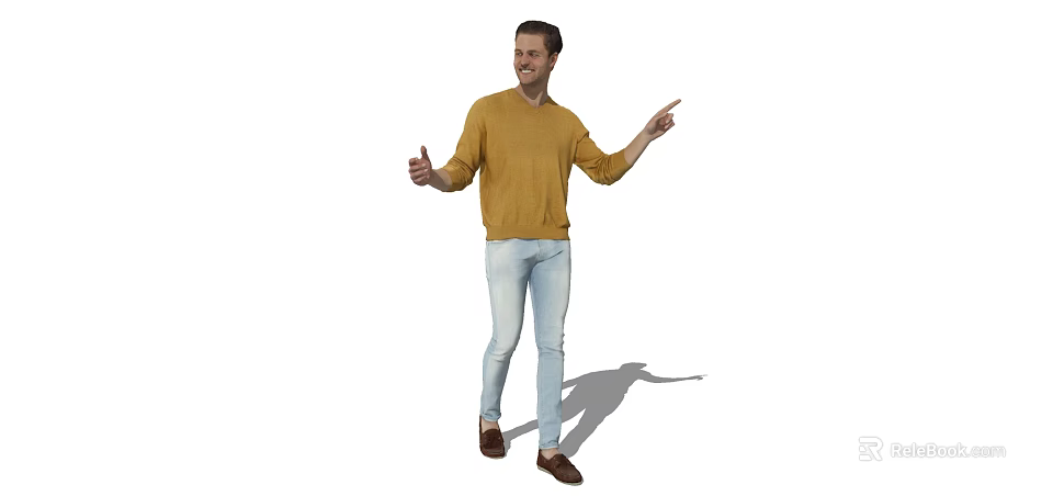 Man In Yellow Sweater Light Blue Jeans Pointing With Smile And Gesturing 3d model 