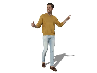 Man In Yellow Sweater Light Blue Jeans Pointing With Smile And Gesturing 3d model