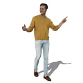 Man In Yellow Sweater Light Blue Jeans Pointing With Smile And Gesturing