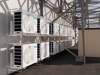 Building Components With White Outdoor Units Mounted On Metal Brackets In Row Structure 3d model