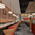 Modern Mall Restaurant Interior With Orange Walls Wooden Counter Hanging Lights Tables And Chairs