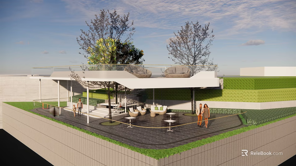 Outdoor Pergola With Roofed Structure Trees Seating Area And People Gathering 3d model 