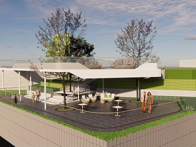 Outdoor Pergola With Roofed Structure Trees Seating Area And People Gathering 3d model