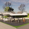 Outdoor Pergola With Roofed Structure Trees Seating Area And People Gathering