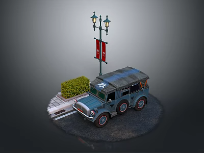 Military Vehicle Parked By Street Lamp With Flag Bushes And Steps 3d model