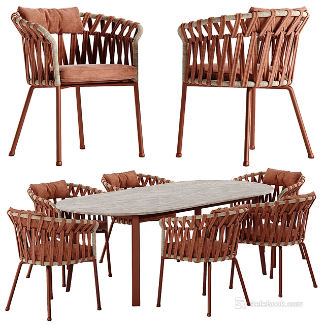 Modern Rattan Dining Table Set With Six Wicker Chairs And Marble Tabletop 3d model