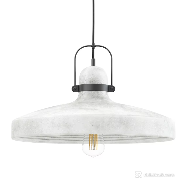 Modern Concrete Dome Pendant Light With Black Metal Frame And Exposed Clear Bulb 3d model 