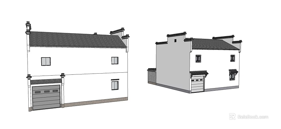 Traditional Chinese Residential Architecture with White Walls Black Tiled Roofs and Gable Details 3d model 