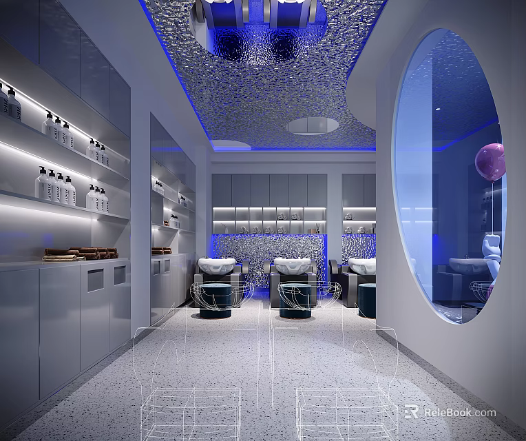 Modern Beauty Hair Salon Interior With Styling Chairs Product Shelves And Blue Lighting 3d model 
