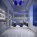 Modern Beauty Hair Salon Interior With Styling Chairs Product Shelves And Blue Lighting