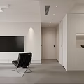 Modern Minimalist Dining and Living Room Interior With White Furniture Light Curtains And Warm Lighting