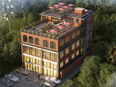 Detached Villa With Red Brick Exterior Roof Terrace Red Umbrellas And Green Surroundings 3d model
