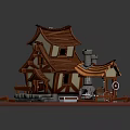 Rustic Cottage Building With Tiled Roof Chimney Stone Steps And Outdoor Fireplace Cart