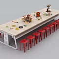 Long Wooden Craft Table With Various Tools Models And Red Chairs Around 3d model