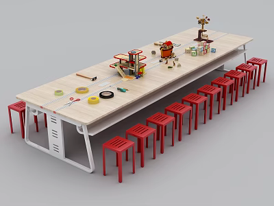 Long Wooden Craft Table With Various Tools Models And Red Chairs Around 3d model
