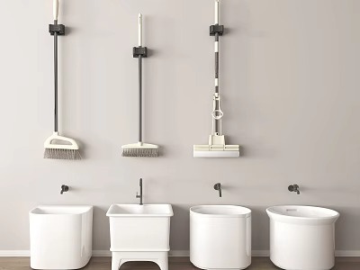 Wall Mounted Cleaning Tools With White Mop Sinks In Utility Area 3d model