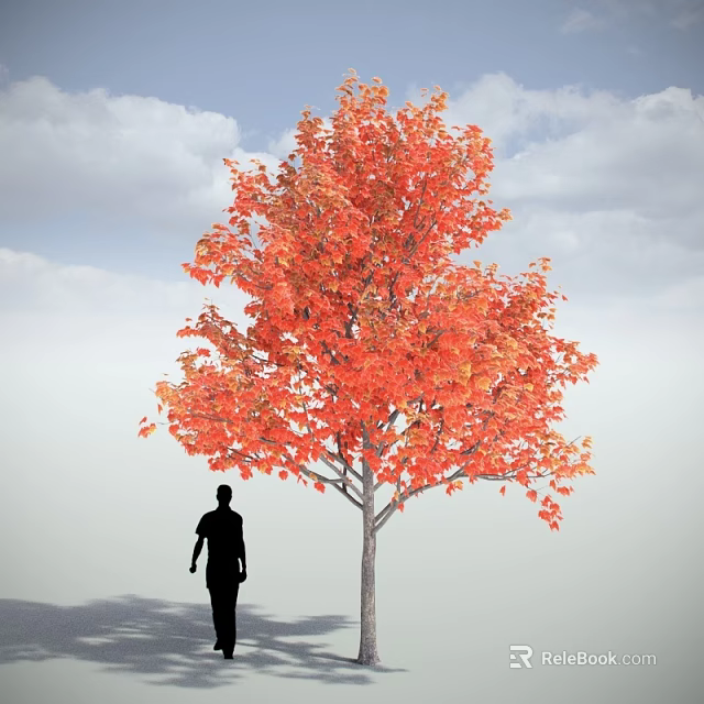 Tall Red Leaf Arbor With Human Silhouette Under Blue Sky And Clouds 3d model 