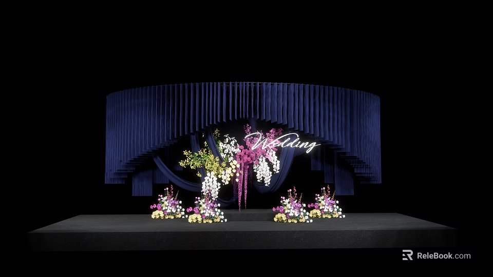 Elegant Wedding Stage Setup With Dark Blue Backdrop And Floral Decorations 3d model