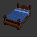 Classic Wooden Bed With Carved Headboard Footboard Blue Mattress And Pillows