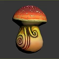 Colorful Vegetable Themed Mushroom Sculpture Featuring Red Cap With White Spots and Yellow Spiral Stem