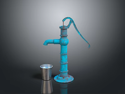 Vintage Blue Water Pump With Metal Cup On Dark Reflective Surface 3d model