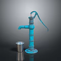 Vintage Blue Water Pump With Metal Cup On Dark Reflective Surface