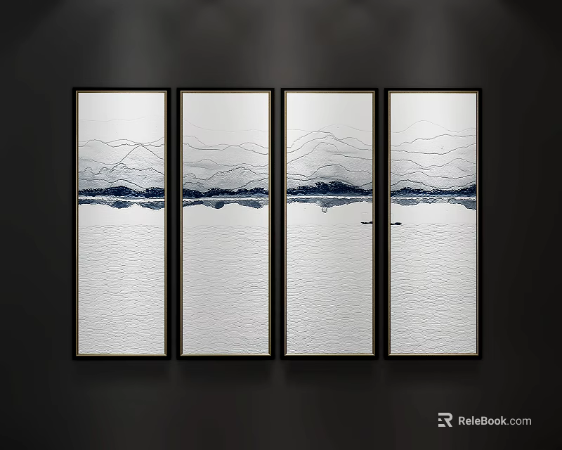 Four Panel Modern Landscape Paintings With Mountain Water Reflection And Black Frames 3d model