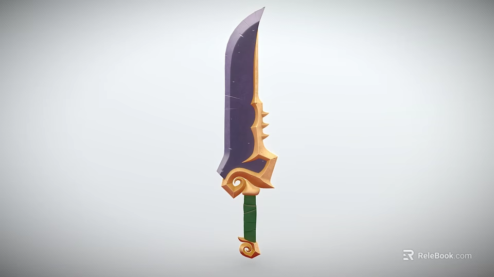 Fantasy Style Weapon With Curved Purple Blade Golden Ornament And Green Handle Design 3d model 