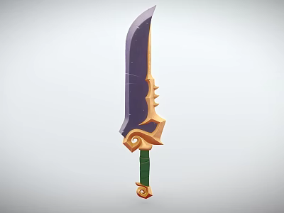 Fantasy Style Weapon With Curved Purple Blade Golden Ornament And Green Handle Design 3d model