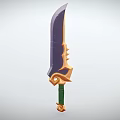 Fantasy Style Weapon With Curved Purple Blade Golden Ornament And Green Handle Design