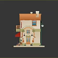 Cute Cartoon Scene With Small House Orange Roof BLOOM Sign Balcony Street Lamp And Flowers