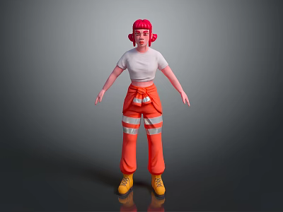 Game and Movie Character With Pink Hair White T-shirt Orange Overalls Reflective Stripes Yellow Boots 3d model