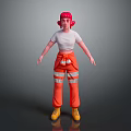 Game and Movie Character With Pink Hair White T-shirt Orange Overalls Reflective Stripes Yellow Boots